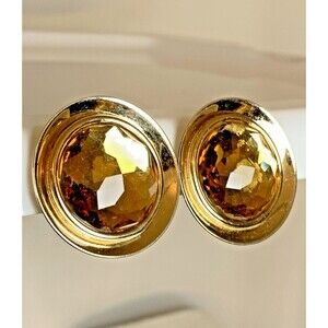 Vintage Bergere Amber Rhinestone Clip On Earrings Gold Tone Signed Round